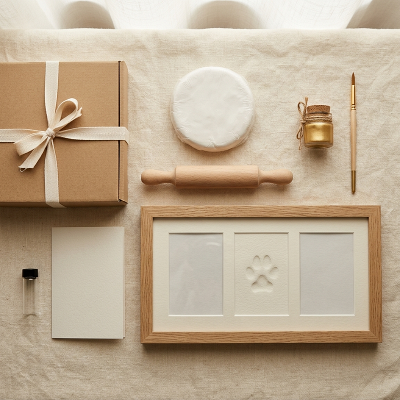 Flat lay of the nose print kit contents on cream linen