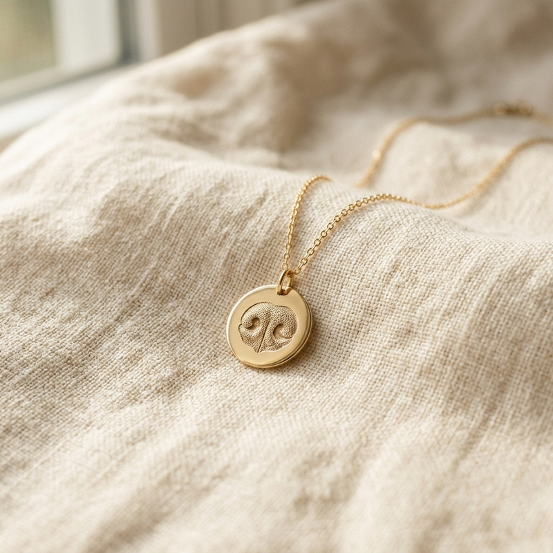 Gold pendant necklace engraved with a dog nose print on cream linen