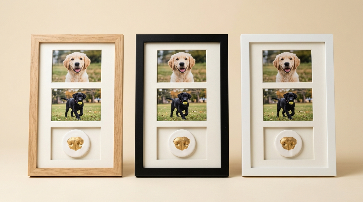 Nose print frames in natural oak, matte black and soft white side by side