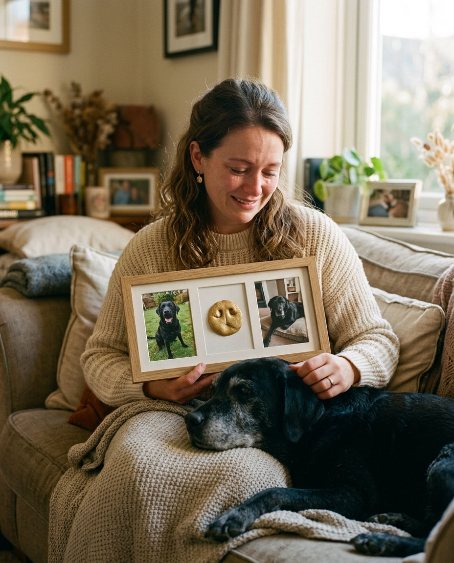 Woman holding a nose print frame while her senior black labrador rests on her lap