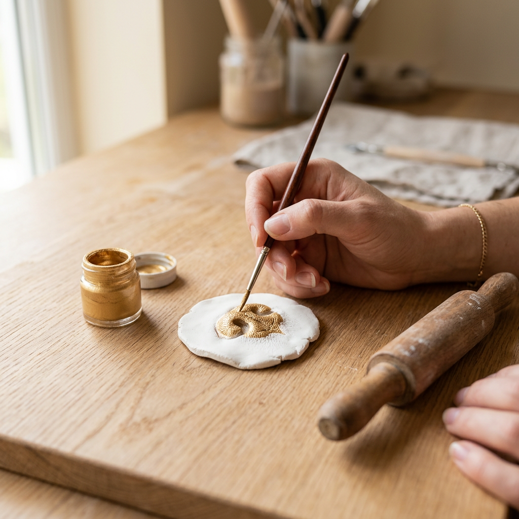 Hands painting a dried clay dog nose print with gold paint and a fine brush
