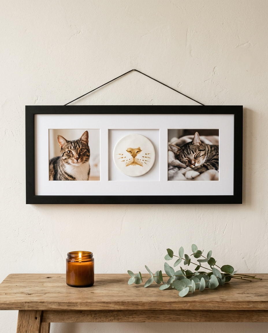 Black frame with a cat nose print and two cat photos hanging on a wall