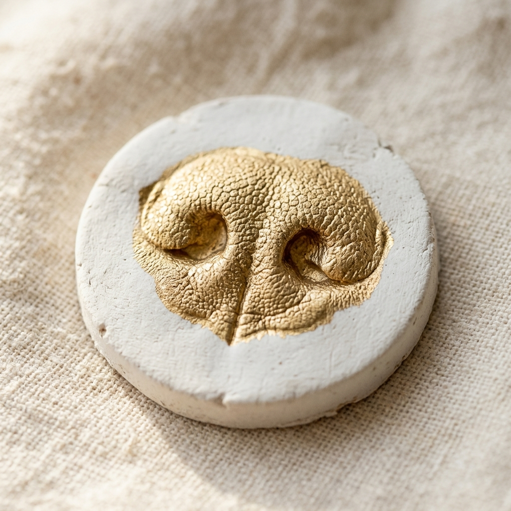 Close-up of a dog nose print in white clay painted gold