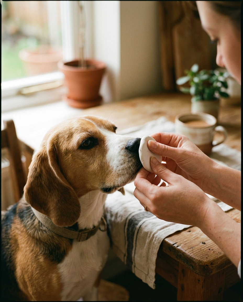Owner gently pressing a disc of soft white clay against a beagle's nose