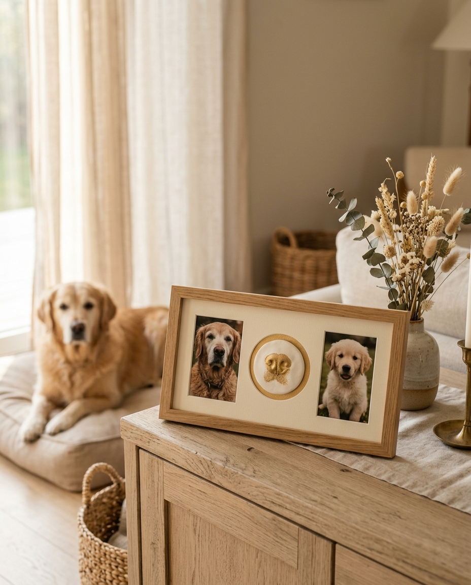 Oak nose print keepsake frame with a gold dog nose print between two golden retriever photos on a sideboard