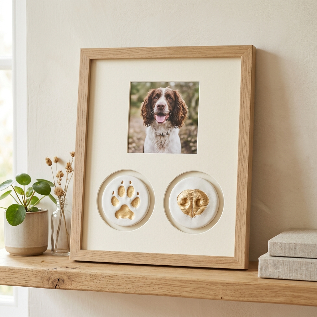 Oak frame with a spaniel photo above a gold paw print and a gold nose print in white clay