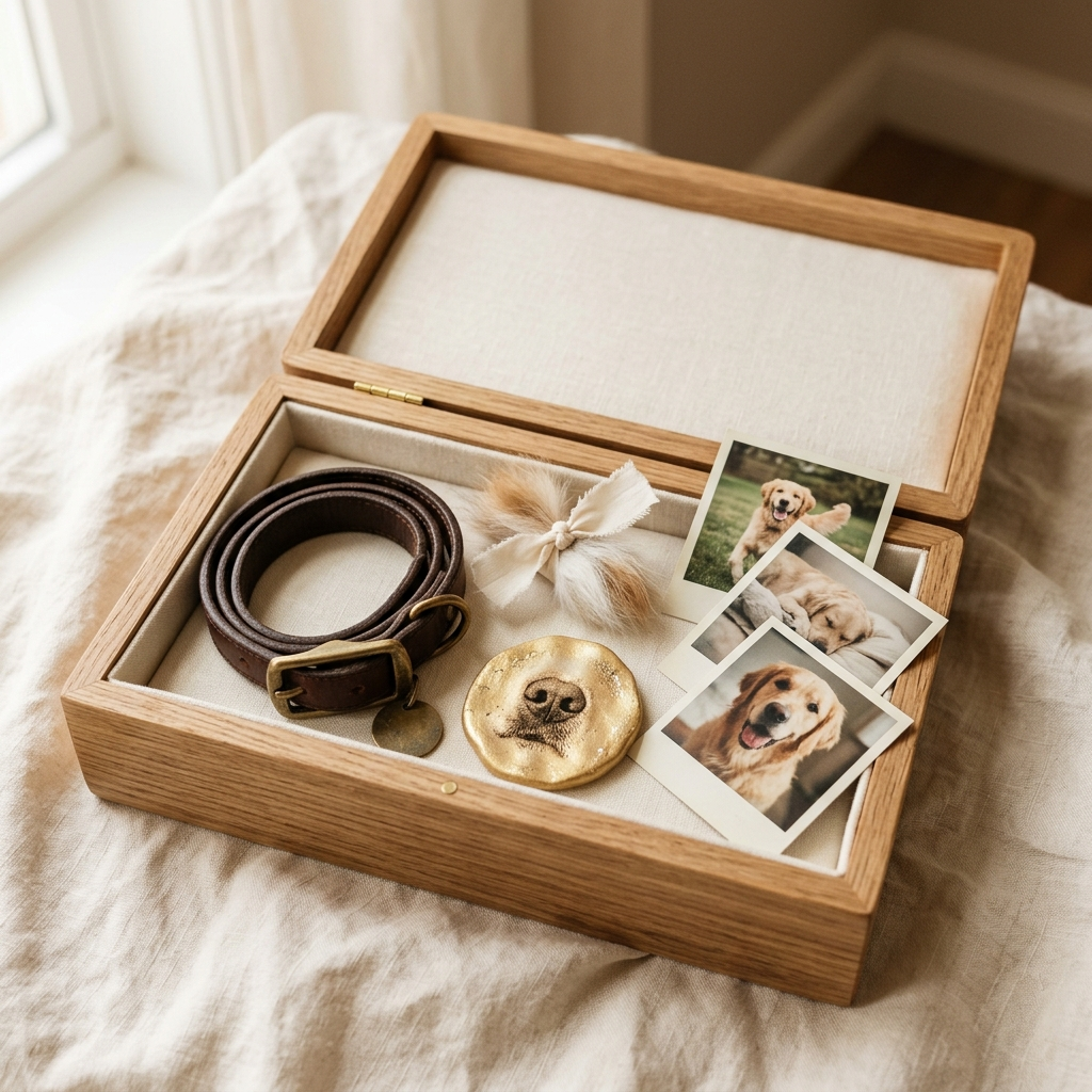 Open oak keepsake box lined with linen, holding a dog collar, a tuft of fur, photos and a gold nose print