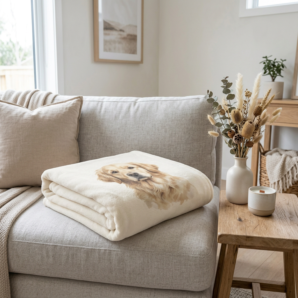 Cream fleece blanket with a soft printed golden retriever portrait, folded on a linen sofa