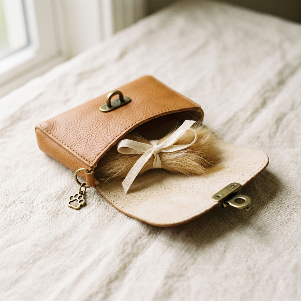 Tan leather keepsake pouch with a brass paw charm, holding a lock of golden dog fur tied with ribbon