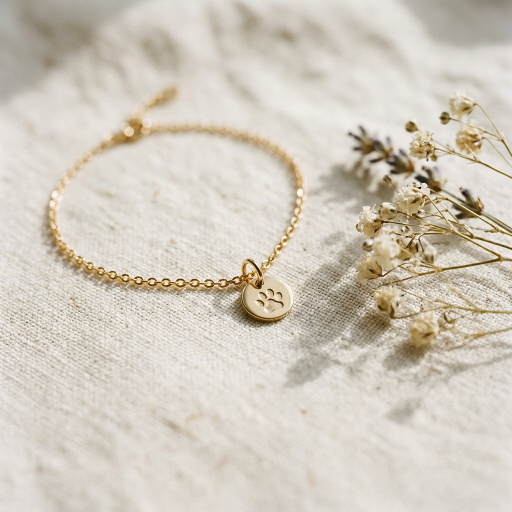 Delicate gold chain bracelet with an engraved paw print charm on cream linen