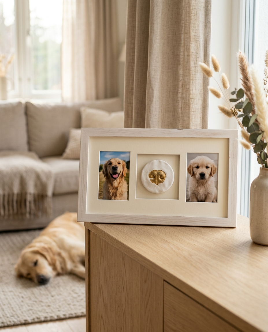 Soft white nose print frame with two golden retriever photos and a gold nose print on a sideboard