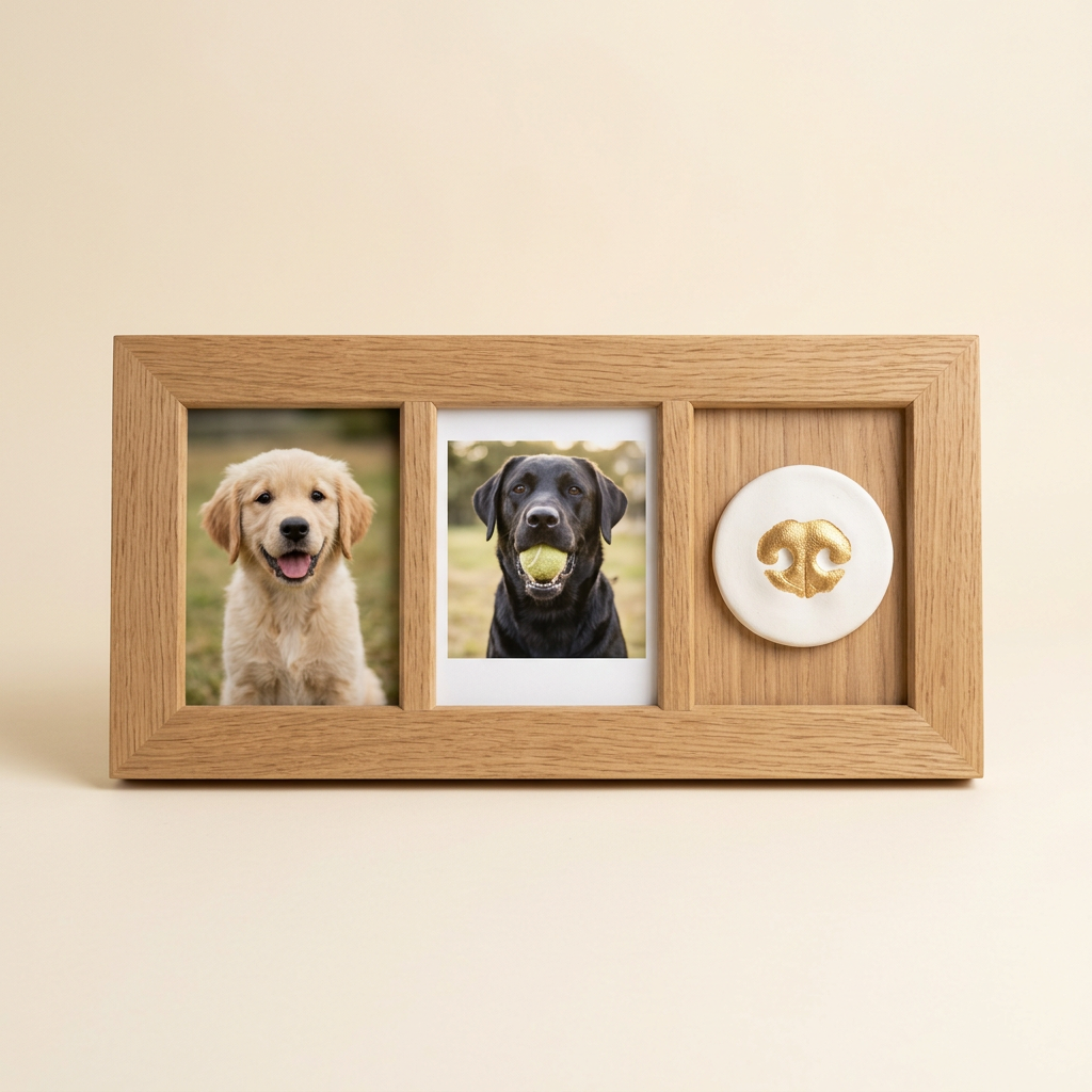 Natural oak nose print frame on a cream studio background
